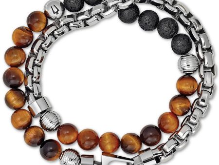 Bulova J96B023M Men s Tiger s Eye & Black Lava Bead Bracelet in Stainless Steel Men Jewelry Online Sale