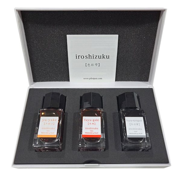 Pilot Iroshizuku 3 Colour Ink Bottle Set - Fuyugaki + Fuyusyogun + Yuyake (15ml) For Sale